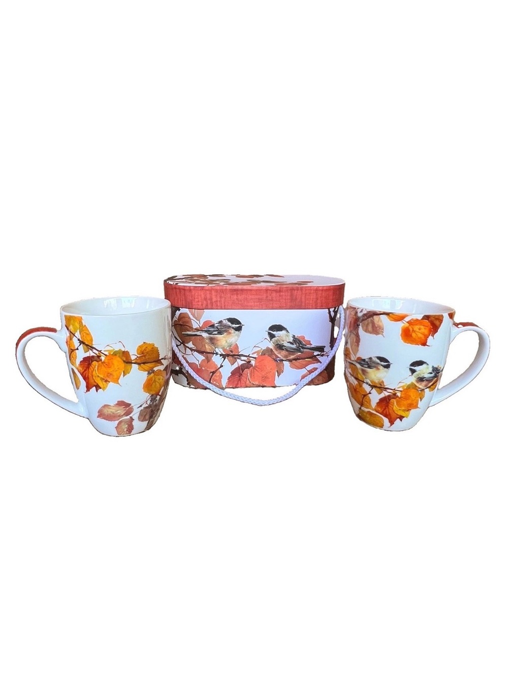 Chickadee & Autumn Leaf Ceramic Mug Gift Set - White and Orange